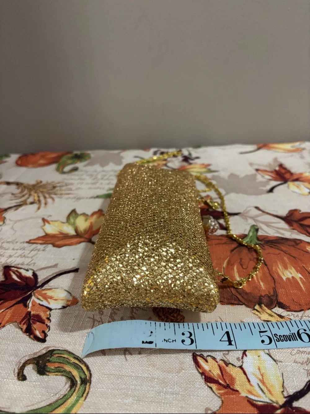 Gold Sequin Evening Clutch with Chain Strap